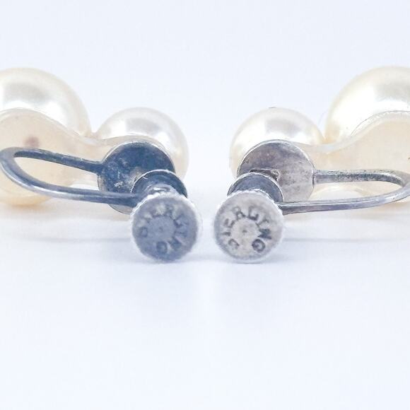 Vintage Sterling Silver 925 Faux Pearl Double Drop Screwback Earrings - Picture 6 of 8